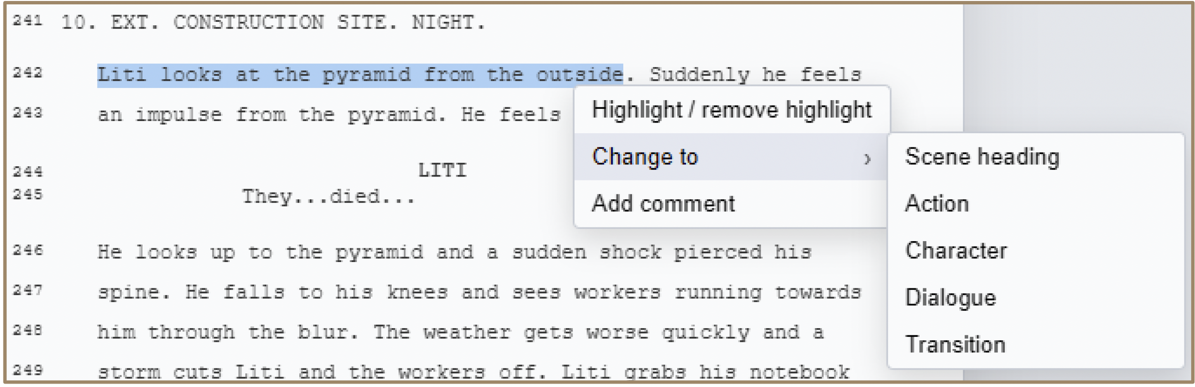 Context menu showing Change to options with Scene Heading, Action, Character, Dialogue, and Transition types
